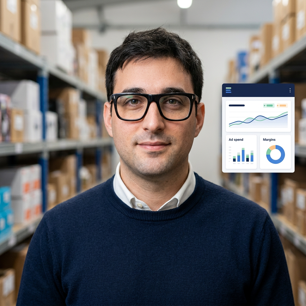 Fabio Mozzone junto a una visualización de rentabilidad y marketplaces de Tienda Lubbi.